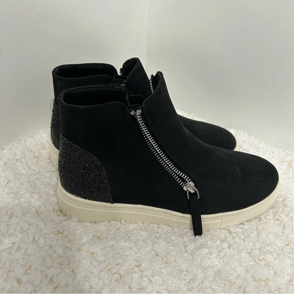 Joie Kids Black Faux Suede Glitter Heel High Top Sneakers Side Zip Boots Size‎ 4